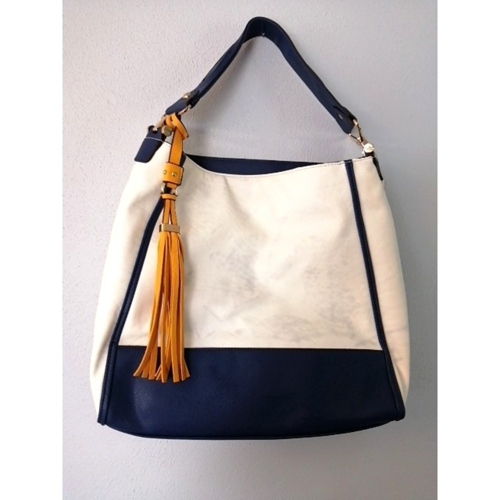 Sondra Roberts Blue and White Satchel with Yellow Tassel